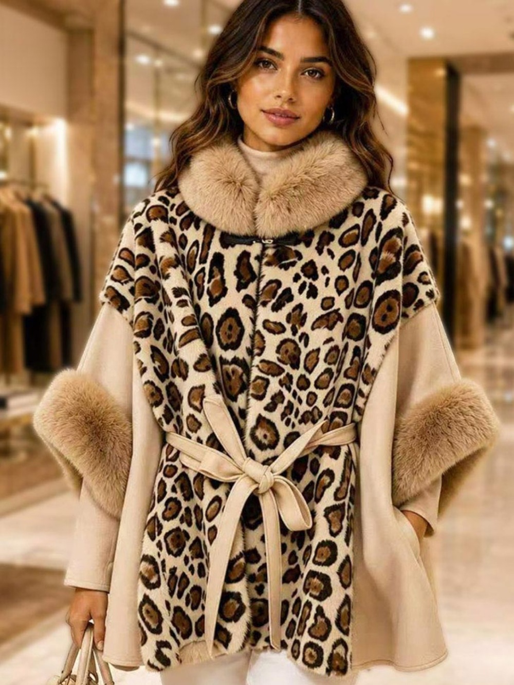 Beige Leopard Faux-Fur Trim Wrap Coatigan